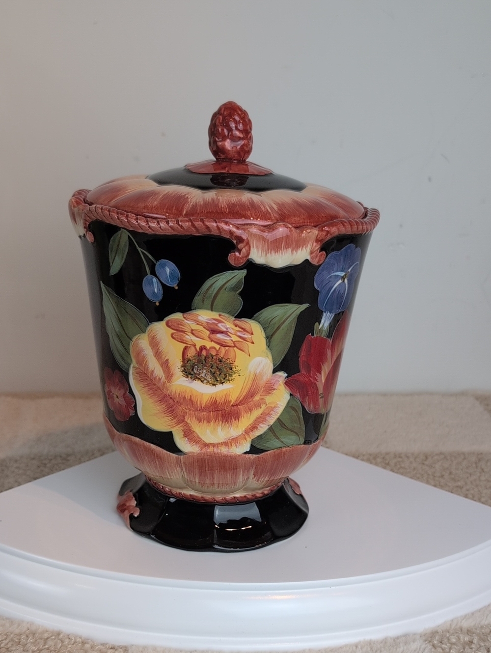 Certified International Black Floral Ceramic Covered Jar With Floral Design